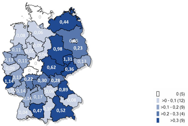 Kartographische Darstellung gemeldeter Fälle an Keuchhustenerkrankung auf Gebietsebene pro 100.000 Einwohnern in Deutschland 2026
