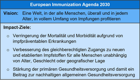Die EIA2030 verfolgt als Hauptziele: die Todesfälle durch impfpräventable Krankheiten zu reduzieren, einen gleichberechtigten Zugang zu Impfungen zu fördern und die primäre Gesundheitsversorgung mit Impfungen zu verbessern. 