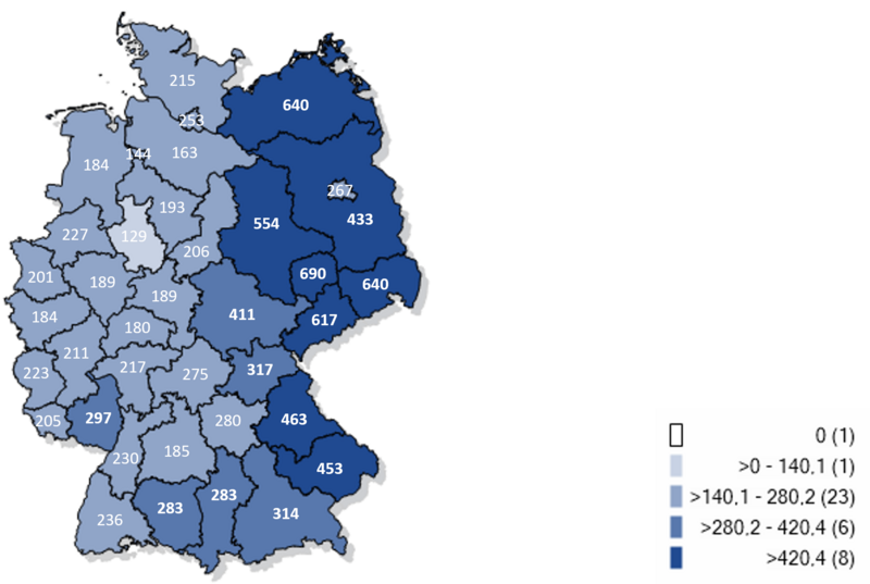 Kartographische Darstellung gemeldeter laborbestätgter Influenzafälle pro 100.000 Einwohner in Deutschland 2025/26 Kartographische Darstellung gemeldeter laborbestätgter Influenzafälle in Deutschland 2025/26 (Inzidenz pro 100.000 Einwohner)