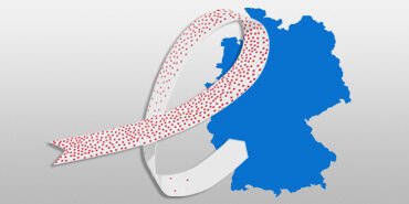 Blaue Deutschlandkarte, links daneben eine weiße 3D Schleife mit vielen, kleinen roten Punkten, die zum Ende hin weniger werden. Die Schleife steht für Masern und Röteln eliminieren
