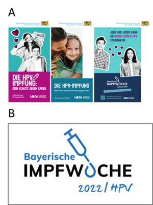 Das Bild zeigt die Flyer und das Logo der Bayerischen Impfwoche 2022 zum Thema HPV