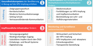 Die vier Handlungsfelder des HPV-Impfkonzepts der NaLI zur Erhöhung der HPV-Impfquoten und des HPV-Impfwissens