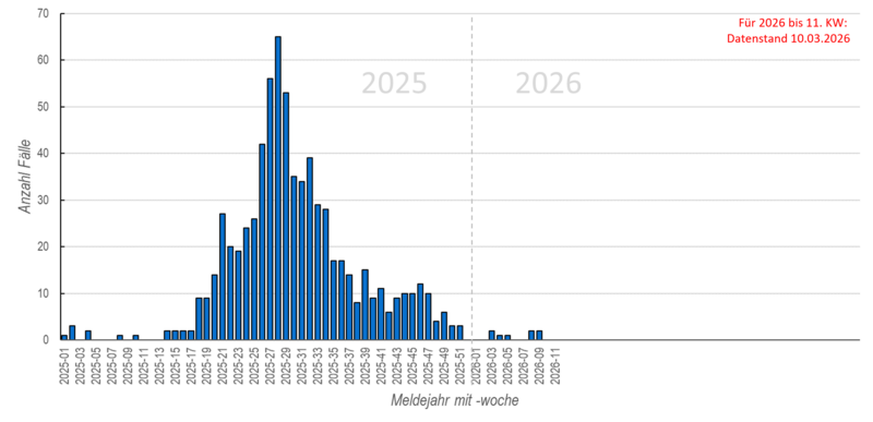 Säulendiagramm der wöchentlichen FSME-Meldungen in den Jahren 2025 und 2026