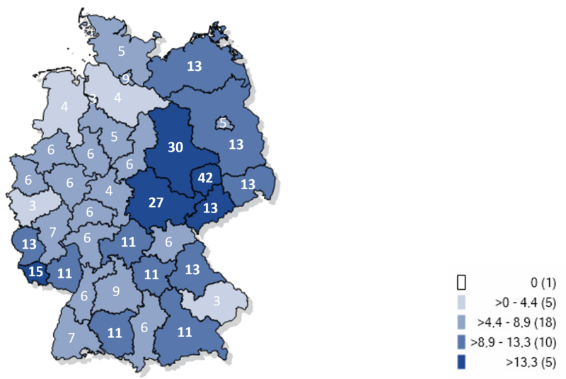 Kartographische Darstellung gemeldeter Fälle von Keuchhustenerkrankungen auf Gebietsebene pro 100.000 Einwohnern in Deutschland 2025